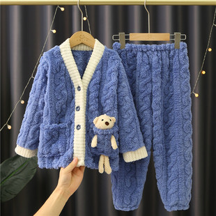 中大童青少年睡衣男孩秋冬季法兰绒加厚初中学生珊瑚绒家居服套装