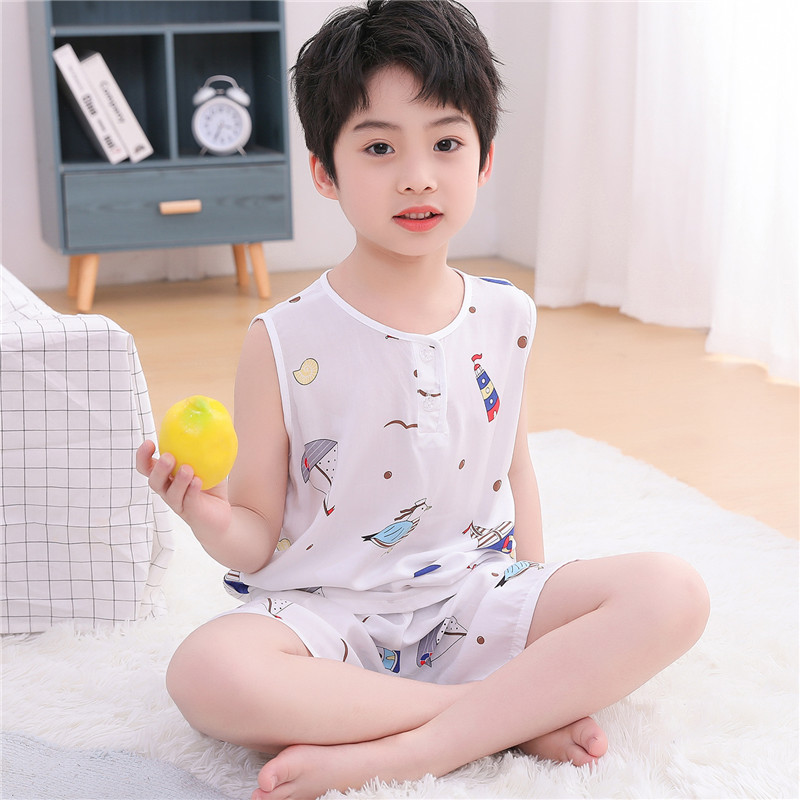 儿童棉绸睡衣男童女童宝宝短袖短裤绵绸夏天小孩男孩无袖背心套装