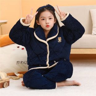 冬季儿童法兰绒睡衣三成夹棉加厚水晶绒男童女童儿童睡衣棉服棉袄