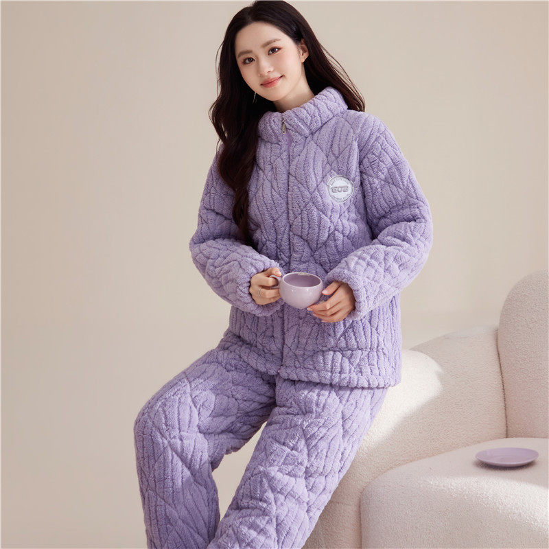 睡衣女冬季保暖加绒加厚三层夹棉外穿棉袄学生珊瑚绒冬天居家服
