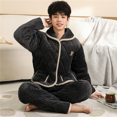 男士睡衣秋冬季三层加厚法兰绒夹棉特厚款青少年珊瑚绒棉袄家居服