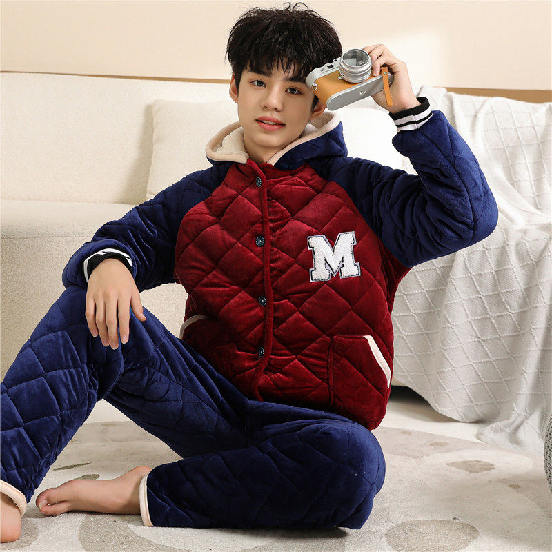 睡衣男士冬季三层夹棉加厚加绒青少年学生男款保暖冬天家居服冬款