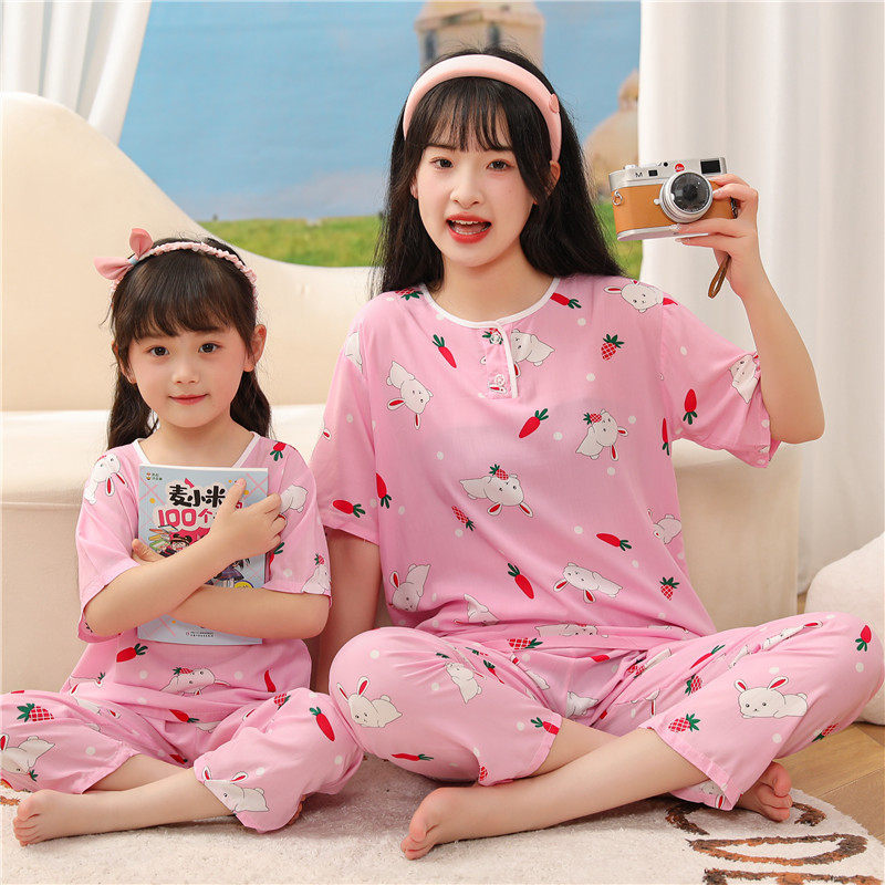 母女棉绸睡衣短袖长裤空调服亲子夏季可爱小女孩中大童儿童家居服