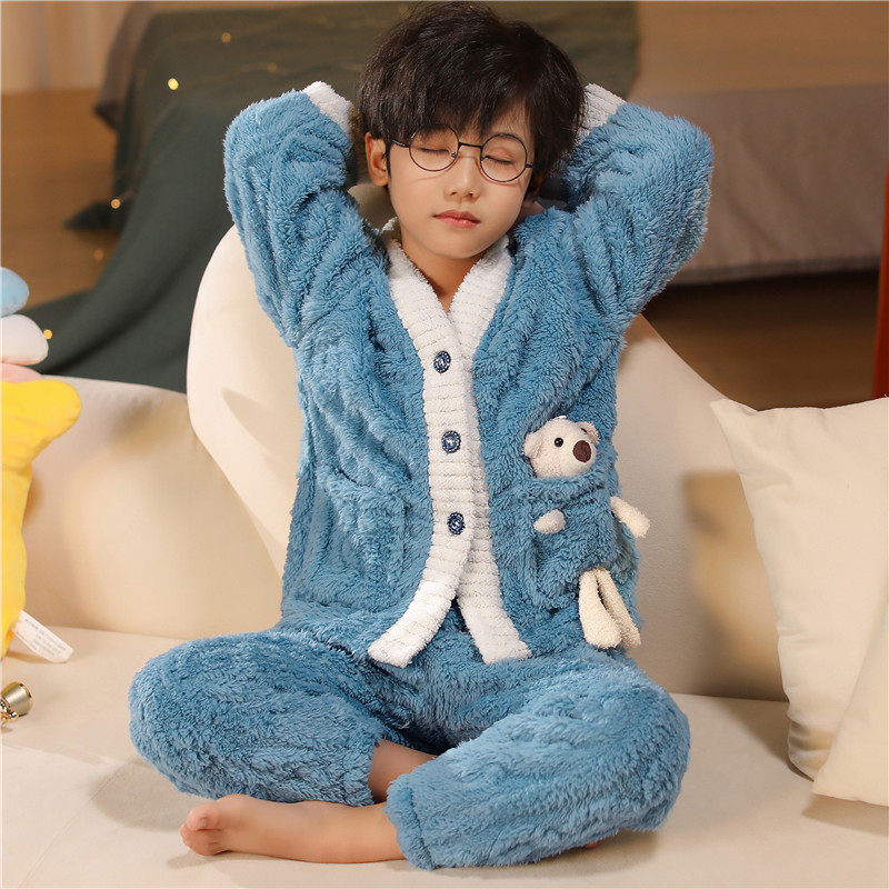 儿童睡衣男童法兰绒家居服外穿秋冬季加绒加厚男孩保暖套装珊瑚绒