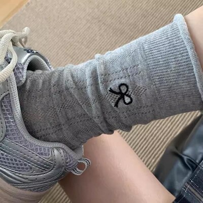 蝴蝶结刺绣木耳边~夏季薄款全棉透气舒适中筒纯色甜美可爱