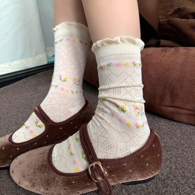 春夏透气中筒堆堆袜子女温柔法式镂空小白袜来咯~无碎花不春天~