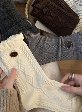 羊毛菱格袜子中通袜秋冬季加厚加绒保暖纽扣灰色韩系冬天长袜