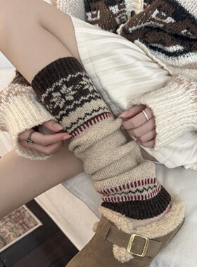 秋冬灰色费尔岛羊毛袜堆堆袜女2025新款复古加厚显瘦雪地靴腿套