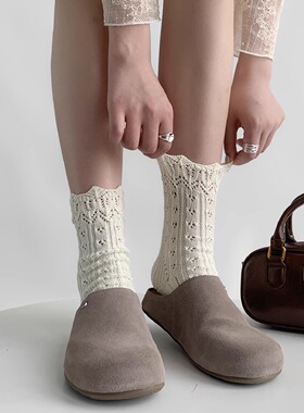 夏薄款女复古针织米色花边袜子中筒袜镂空网眼灰色短袜