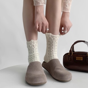 夏薄款 女复古针织米色花边袜子中筒袜镂空网眼灰色短袜