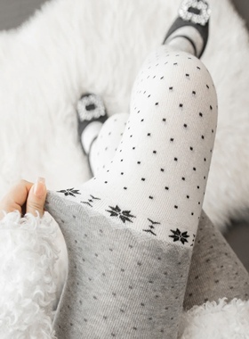 费尔岛白色连裤袜圣诞雪花点点打底裤波点女秋冬保暖加厚灰色袜子