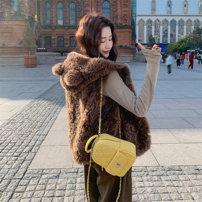 小熊耳朵羊羔毛皮草马甲女连帽