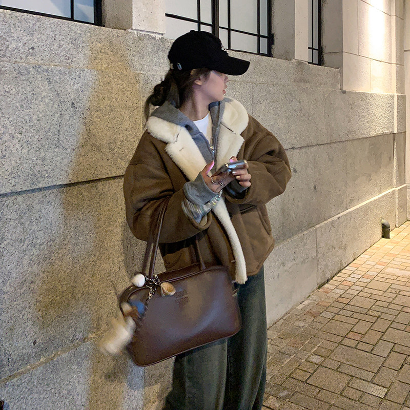 赵露思许妍同款棕色羊羔毛外套女2025冬季韩版短款皮毛一体仿皮草