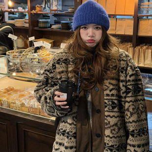 美式复古拼接腰果花羊羔毛羽绒外套女秋冬新款慵懒高级羊羔绒大衣