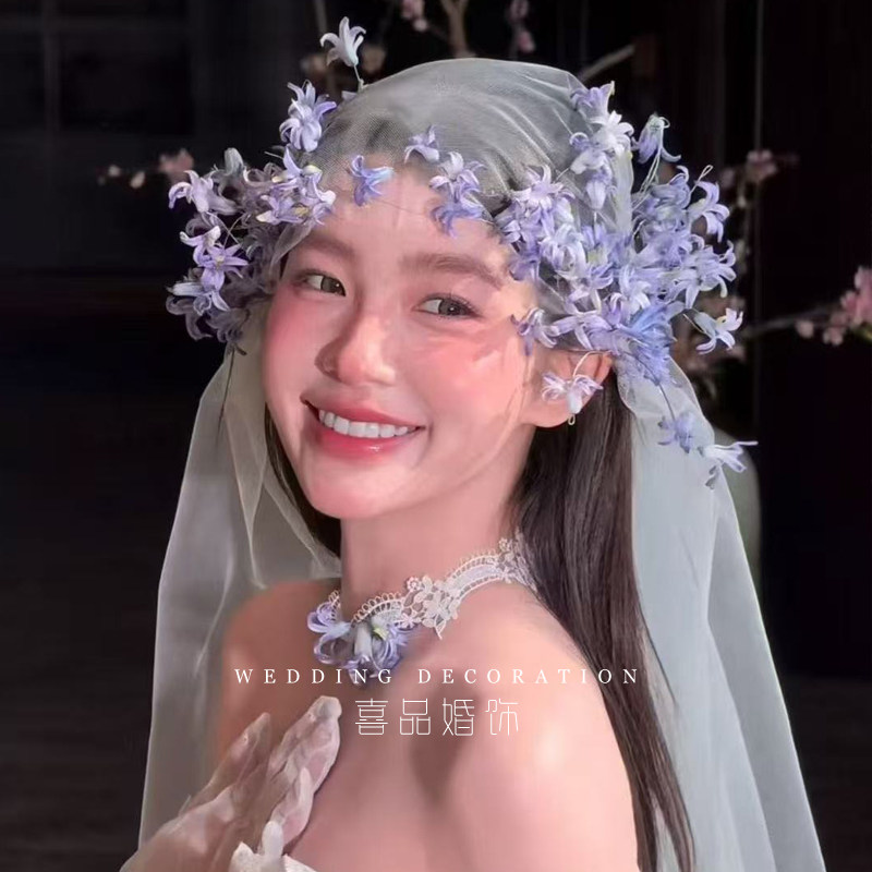 2026新款森系紫色花朵仿真花新娘头饰颈花摄影旅拍结婚礼服发饰品