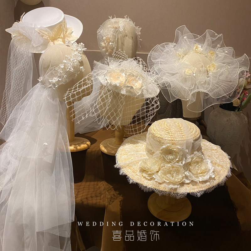 喜品原创新娘头饰韩式礼帽包边民国风复古头纱结婚影楼样片发饰品