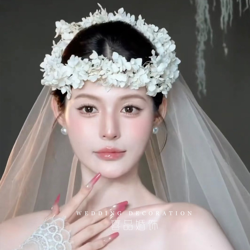 喜品新娘森系永生花手工白色花环仙气头饰新娘结婚礼服婚纱摄影配