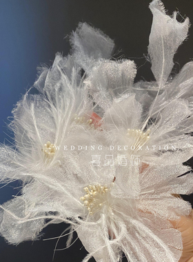喜品新款手工白色灵动羽毛发夹新娘盘发头饰仙气飘逸婚纱影楼配饰