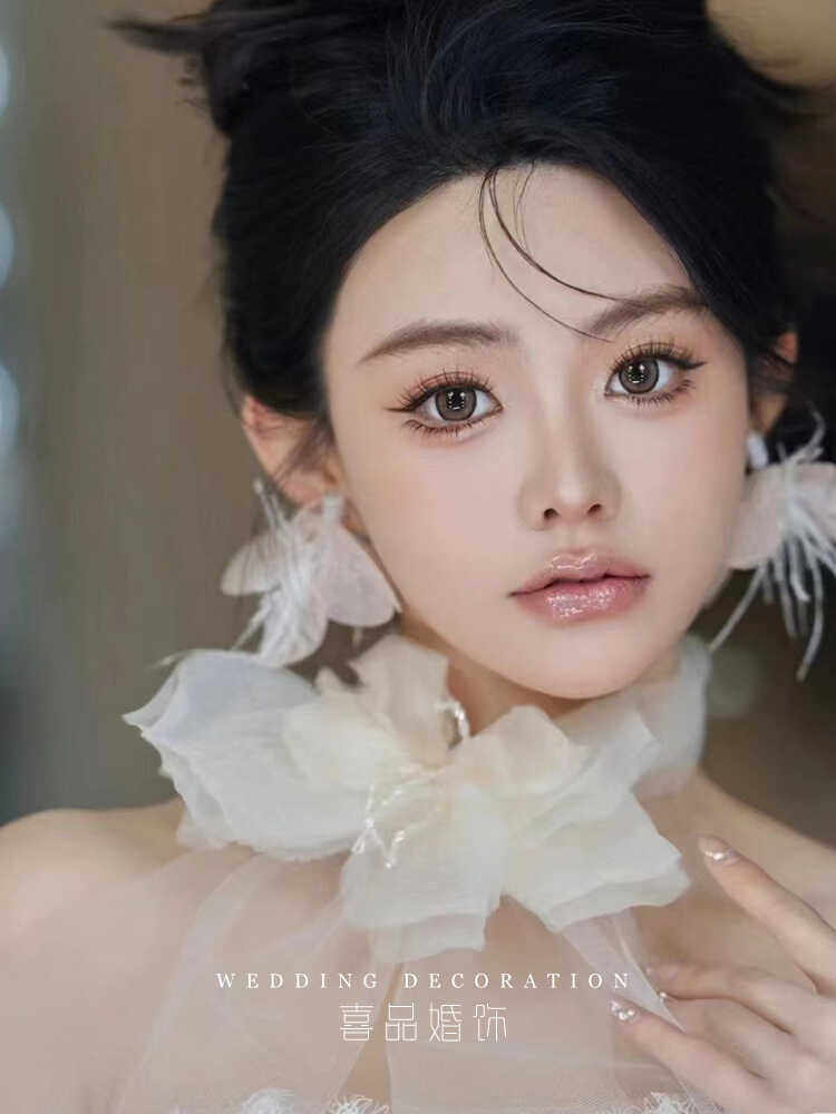 喜品原创新品颈花唯美仙气造型发带羽毛耳饰结婚头饰项带套装配饰