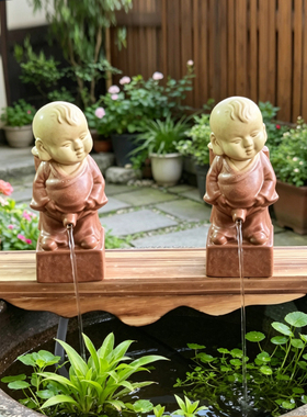 假山盆景配件上水石陶瓷尿童鱼缸摆设喷水小孩人物摆件水族装饰品