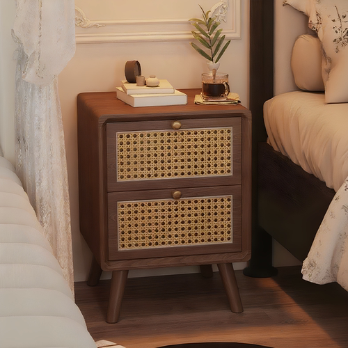 中古实木床头柜家用卧室小型法式复古藤编小众设计感高级感床边柜