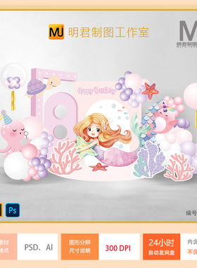 美人鱼生日背景派对百天设计素材图粉色紫色海洋动物宝宝宴女孩
