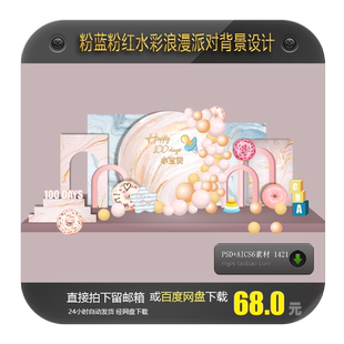 粉蓝粉红水彩浪漫梦幻公主王子宝宝生日周岁百日宴派对背景设计AI