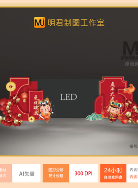 虎年老虎2022新年年会派对设计素材红色卡通美陈舞台背景图AI