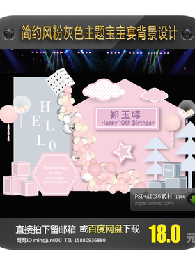 粉灰色INS简约风公主主题满月百日周岁生日宝宝宴背景设计素材