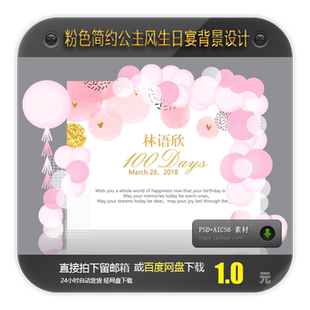 粉色简约公主风宝宝宴背景设计生日宴百日周岁迎宾合影区背景素材