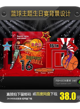 红色时尚篮球主题宝宝宴周岁满月16岁生日派对背景设计素材AI PSD