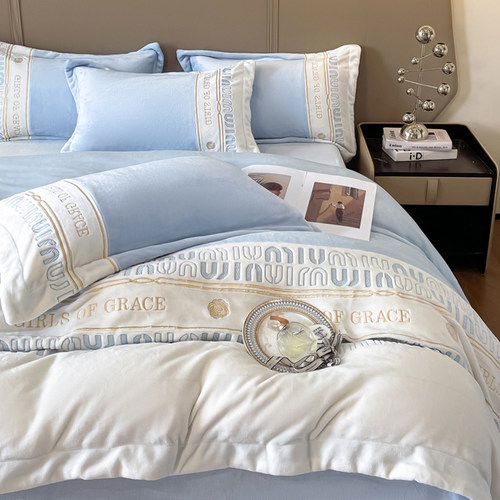 冬季加厚牛奶绒四件套珊瑚绒简约纯色刺绣被套床单双面绒床上用品