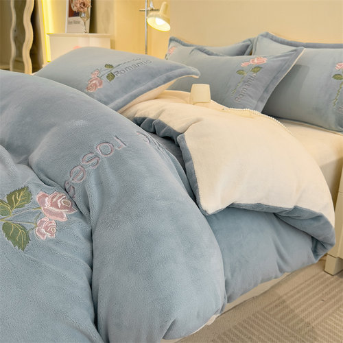 冬季加厚保暖双面牛奶绒四件套水晶绒法兰绒刺绣被套高档卧室床品