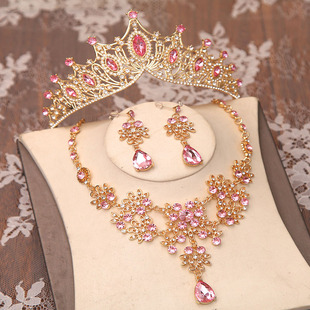 粉色新娘皇冠三件套装结婚王冠头饰项链耳环韩式超仙婚纱礼服配饰