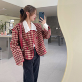 新款红色千鸟格两色外套006A-287，女装短外套，安雅