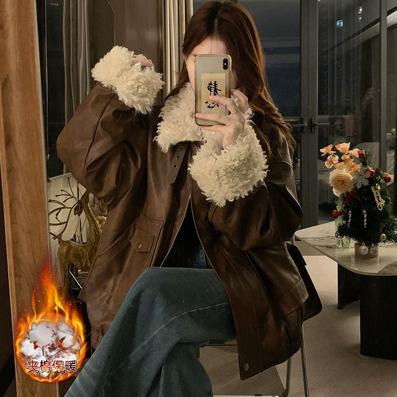 美式加绒加厚皮毛一体pu皮衣外棉衣/棉服