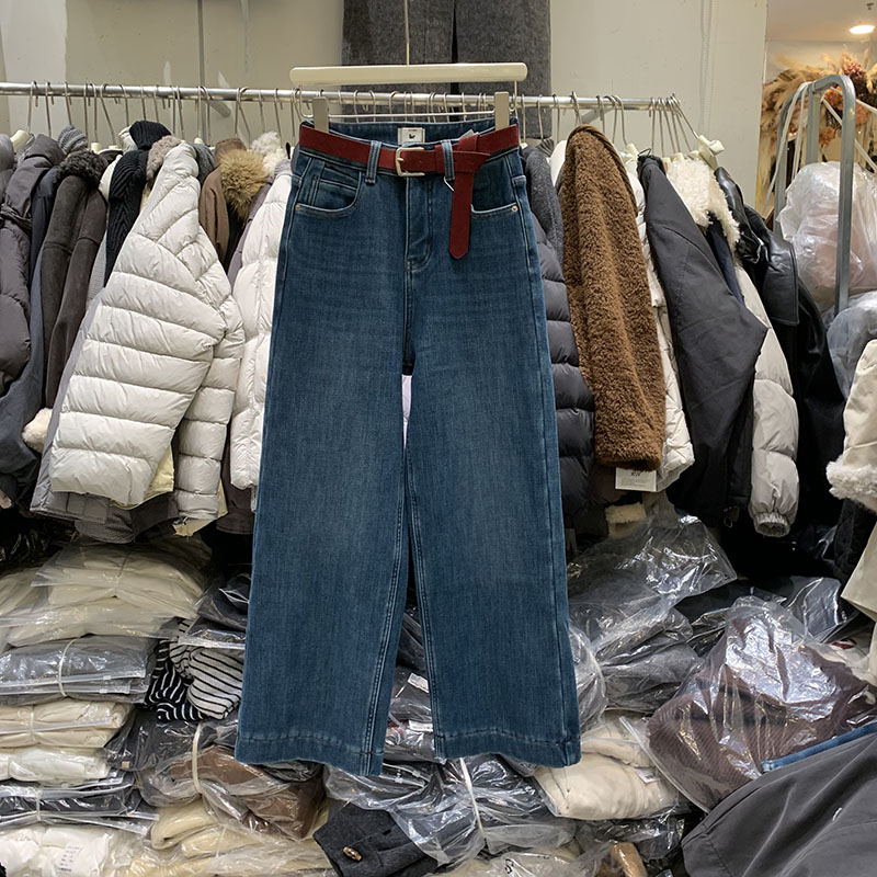 复合绒加厚九分阔腿牛仔裤