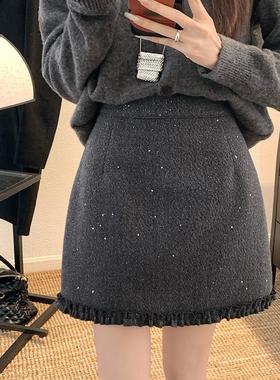 韩系小香风亮闪闪木耳边毛呢半身裙微胖mm高腰显瘦A字裙包臀短裙