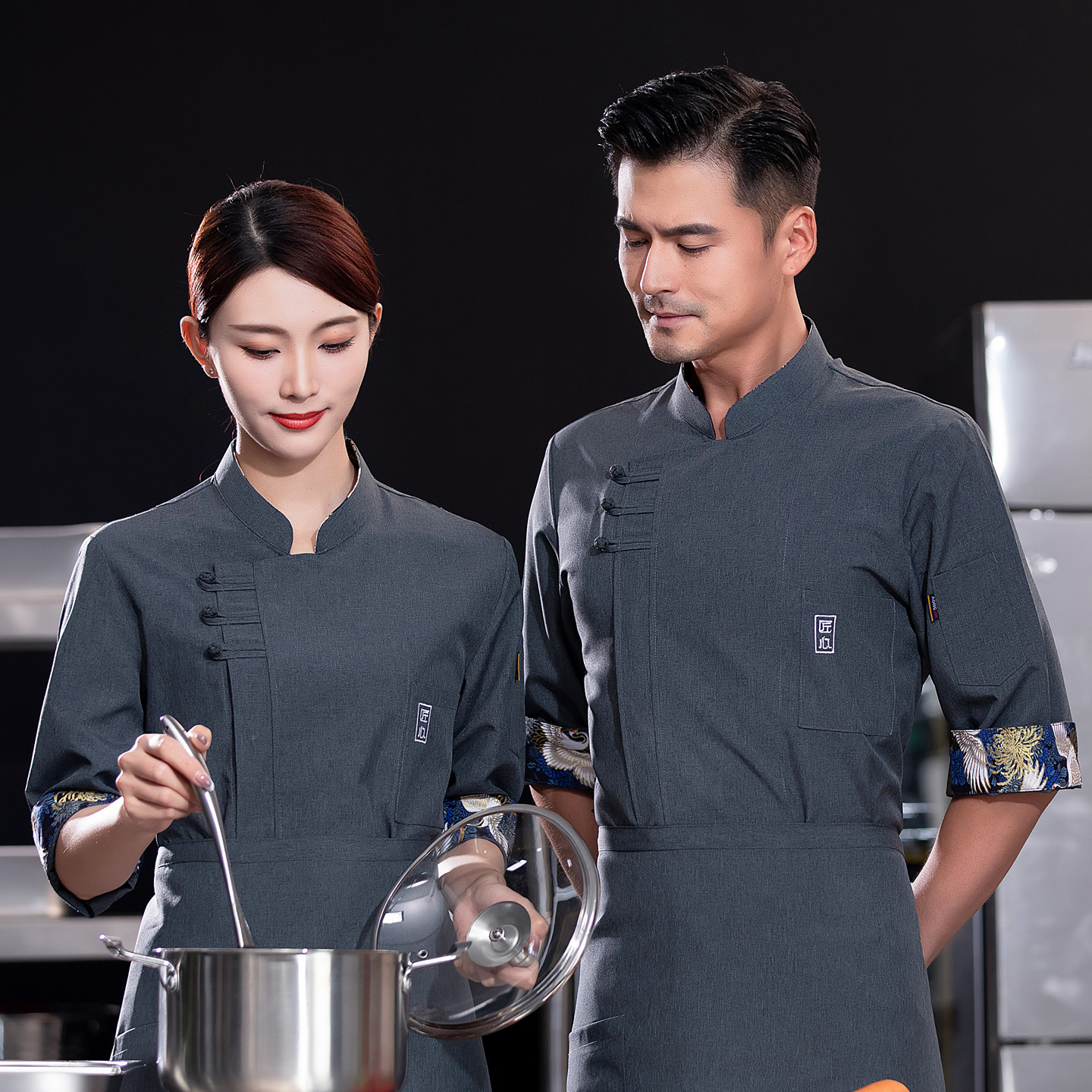 新中式青花七分袖厨师工作服酒店餐厅后厨房防水防油中袖制服定制