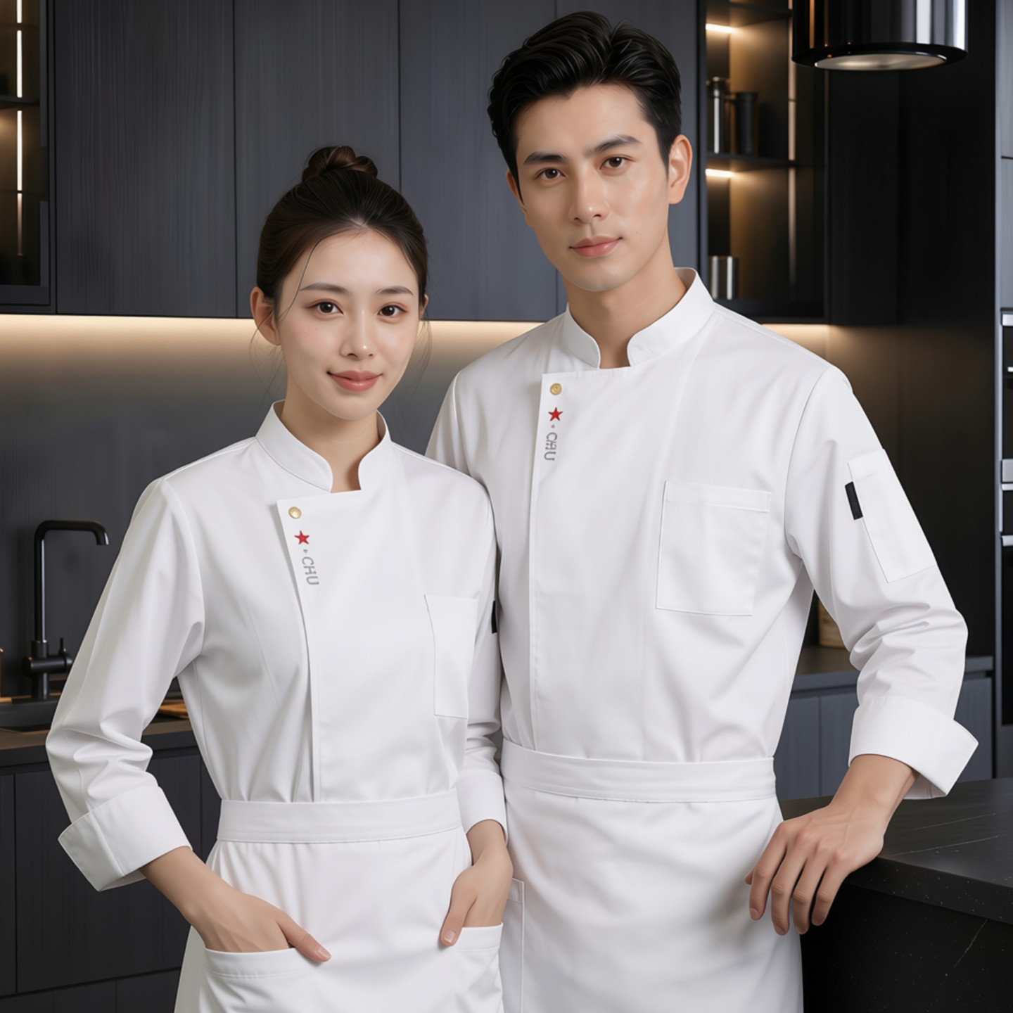 一扣立领厨师工作服长袖白色酒楼烘焙面点师餐饮后厨工装制服定制