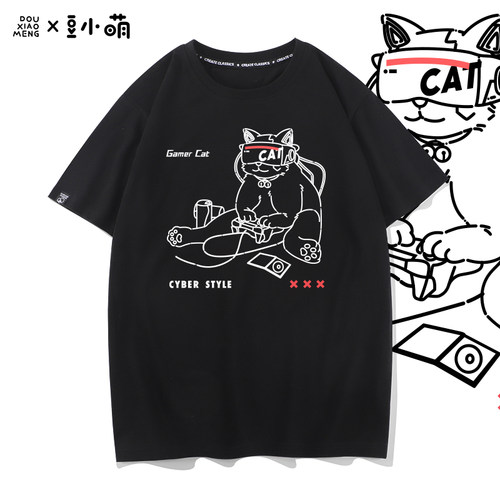豆小萌ps5游戏漫画周边肥宅男短袖T恤男宽松cos服装电玩猫上衣服