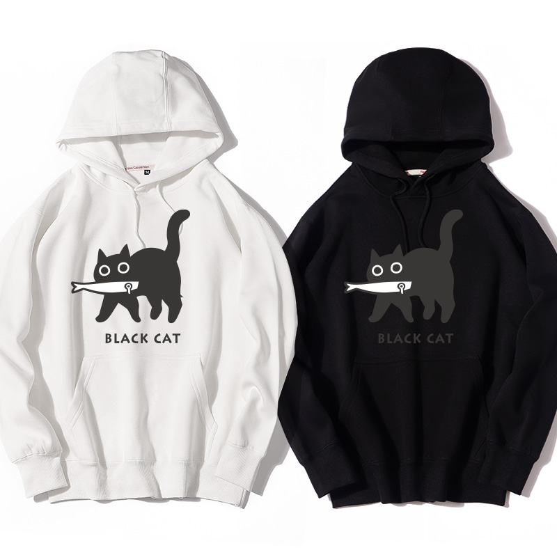 小黑猫吃鱼卡通情侣装连帽卫衣