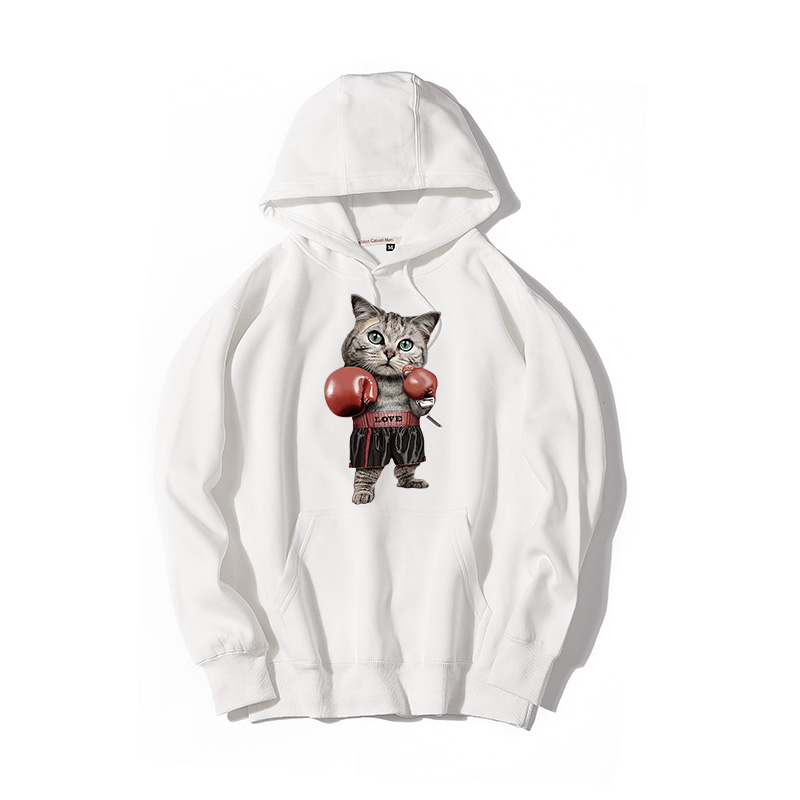 打拳击的猫秋冬连帽套头卫衣男