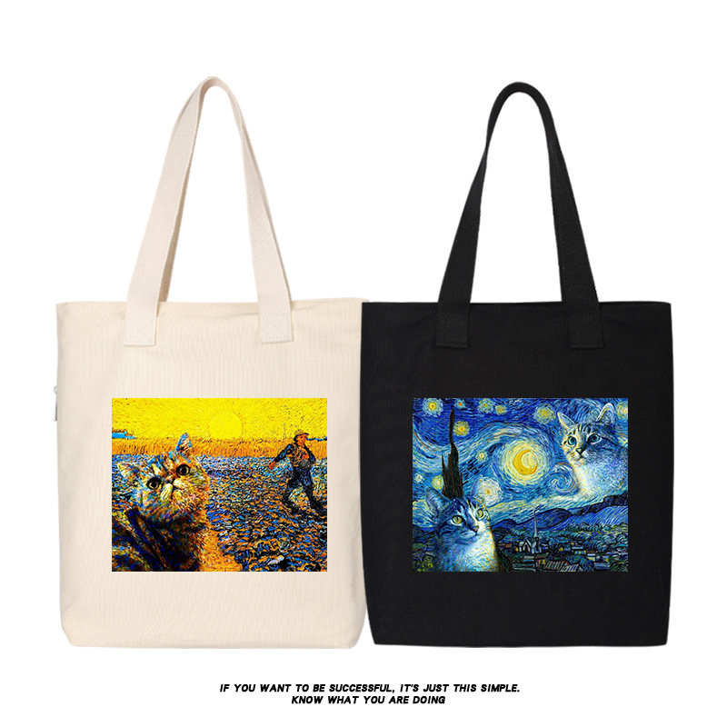 梵高油画星空花卉猫咪猫猫头背包学生上课书包手提手拎单肩帆布包,模玩/动漫/周边/娃圈三坑/桌游,动漫背包/钱包/箱包,淘宝优惠券,粉丝福利购,淘宝优惠卷