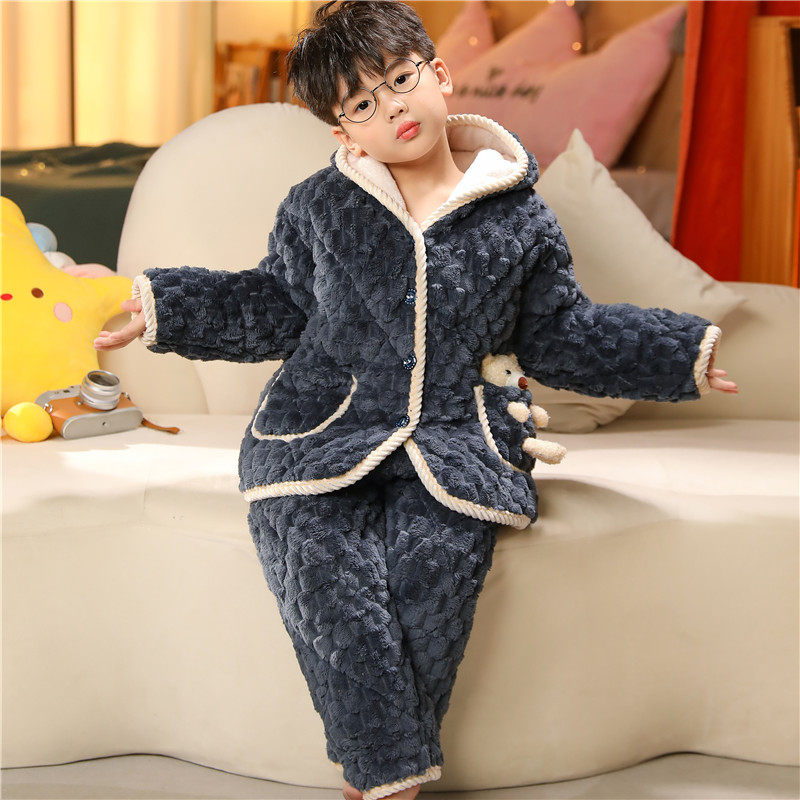 儿童睡衣冬季三层夹棉加厚法兰绒男童女孩珊瑚绒超厚款家居服套装