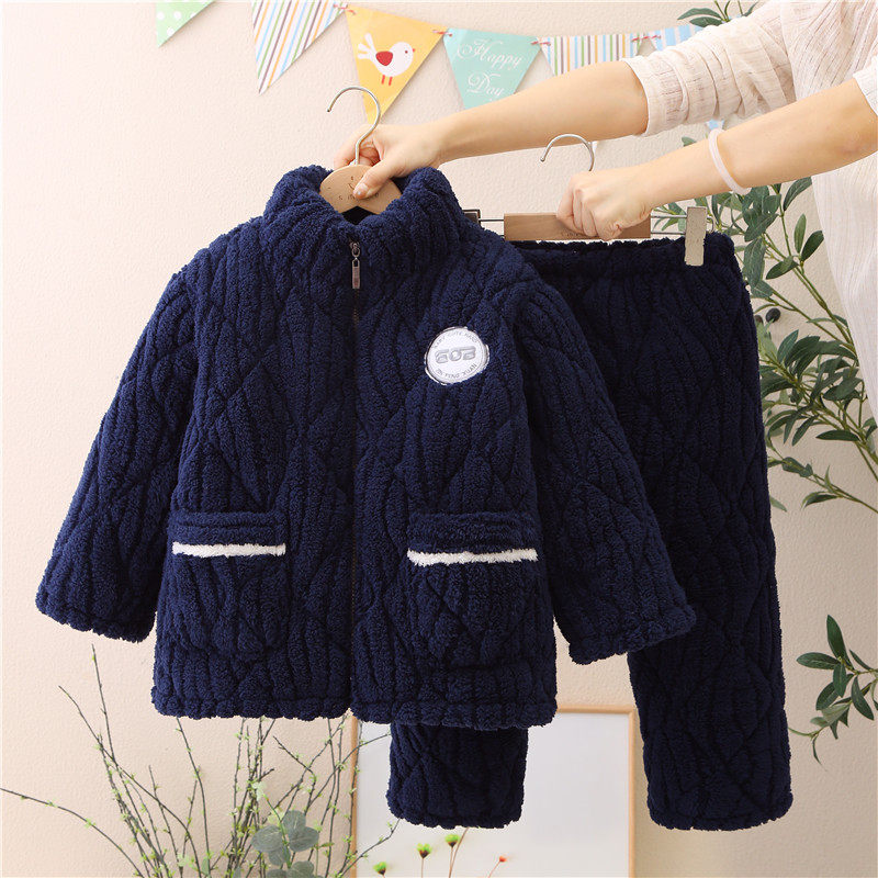 儿童睡衣男童冬季加厚款珊瑚绒夹棉男孩连帽拉链法兰绒家居服套装