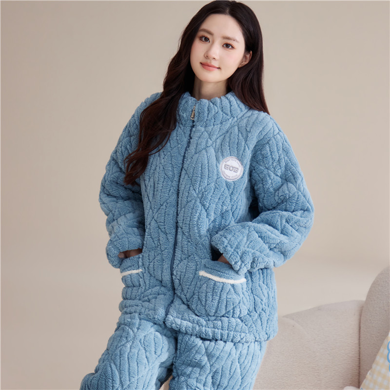 睡衣女士冬季三层加厚法兰绒睡衣套装冬天保暖珊瑚绒夹棉袄家居服