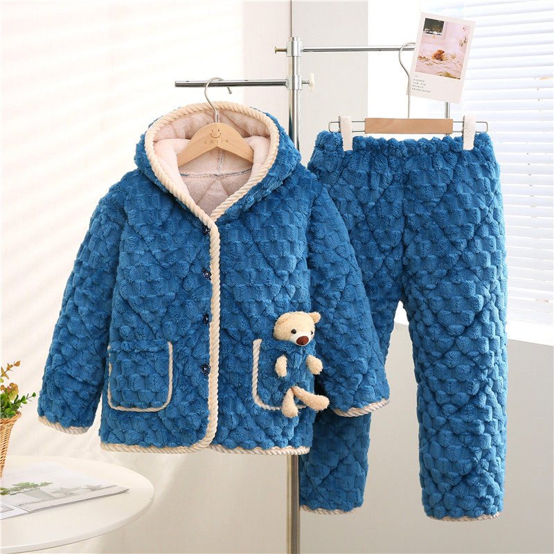 男童睡衣冬季珊瑚绒加厚加绒儿童卡通女孩亲子三层夹棉家居服套装