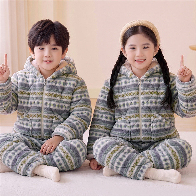 儿童中小大童睡衣冬季女童三层夹棉加厚棉袄袄子可外穿家居服套装