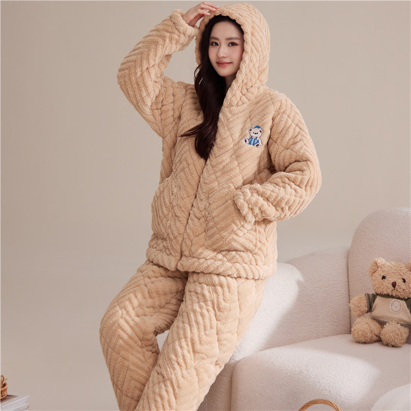 睡衣女冬季加绒保暖套装三层加厚常规款连帽夹棉加大码棉袄家居服